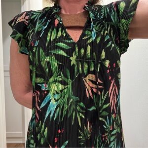 Absolutely Famous Black Tropical Pleated Flutter Sleeve Blouse